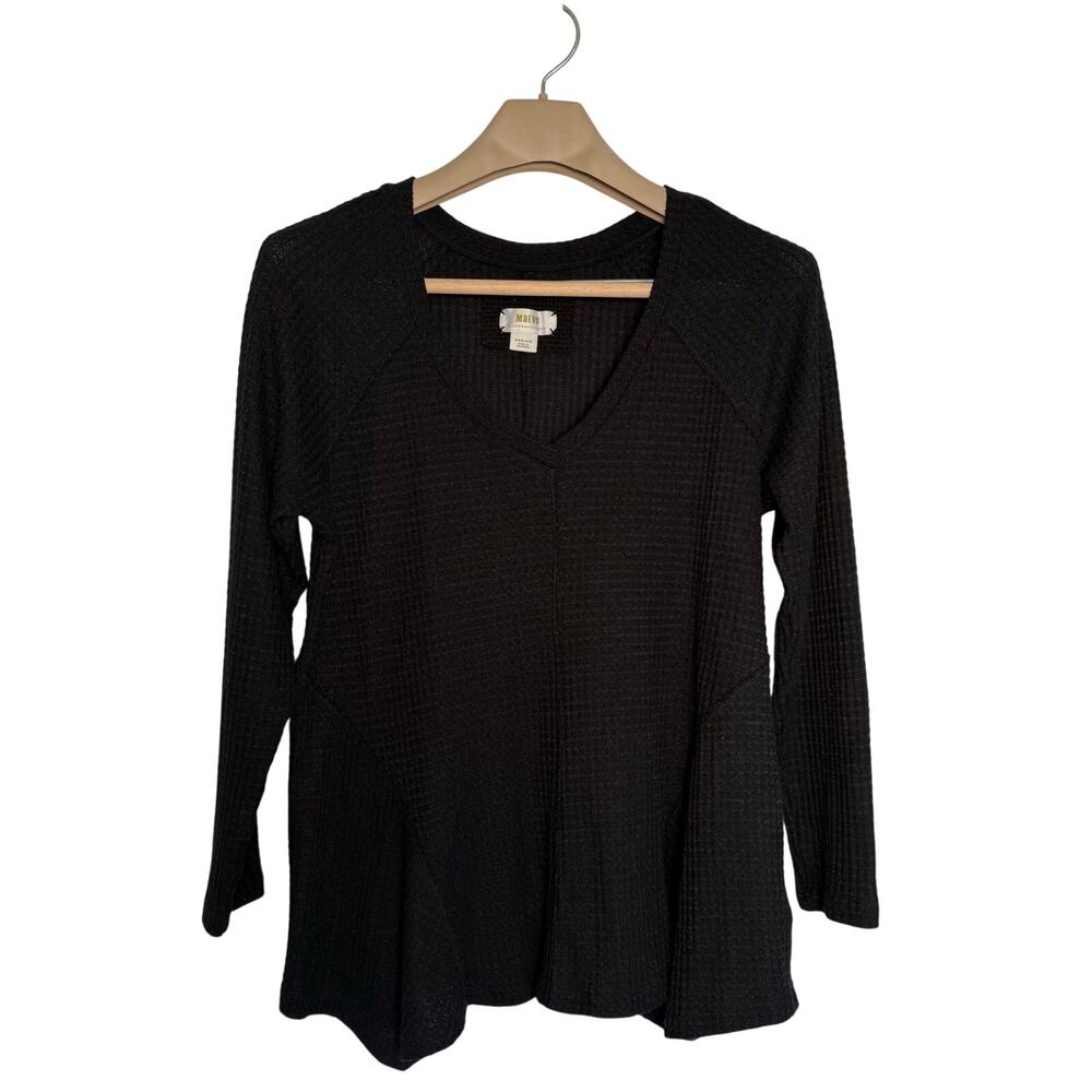 Maeve Anthropologie Black Waffle Weave Shirt Size MEDIUM Vneck blouse